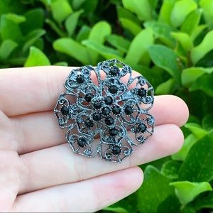 NEW Dark Silver w/ Black Rhinestones Flower Brooch/Pin